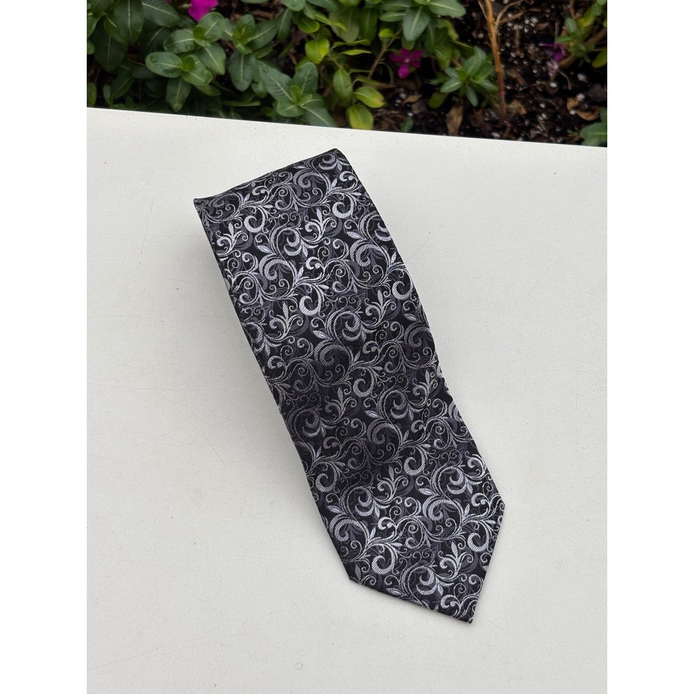 Van Heusen Mens Silk Tie Black Silver Grey Paisley Scroll Jacquard Formal Tie
